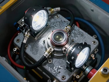 Close-up overhead angle of a subsea ROV inspection panel with hydraulic umbilicals, wet steel surface, industrial LED work lighting, no people visible