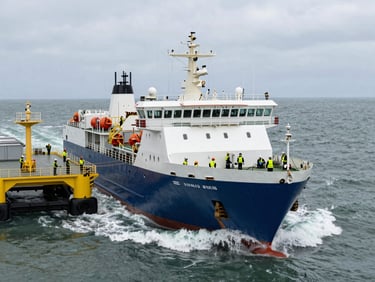 Wide shot of a supply vessel alongside a fixed platform in moderate swell, deck crew in hi-vis and hard hats managing mooring lines, flat grey North Sea daylight
