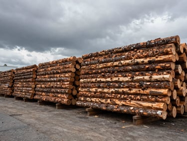 Wide-angle industrial shot of the Temuco timber yard, stacked neat rows of heavy Roble logs under a moody grey Araucanía sky, clean industrial layout