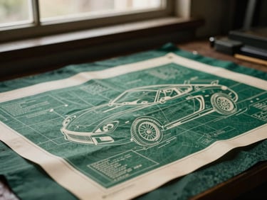 Detail shot of a vintage automotive blueprint design printed on a dark garment, showing intricate lines and text, under warm workshop lighting, shallow depth of field.