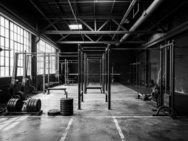 Wide panoramic shot of an empty, clean, high-contrast black and white gym interior, focusing on raw metal equipment and sharp architectural lines, with deep shadows and bright highlights, 35mm.