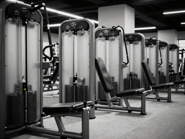 Empty row of modern gym machines, black and white, clean architectural lines, harsh overhead lighting creating strong shadows, focus on the metallic mechanisms.