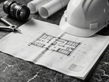 A high-contrast monochrome photograph of physical blueprints laid out on a dark textured marble surface, architectural tools and a hard hat in the soft background light.