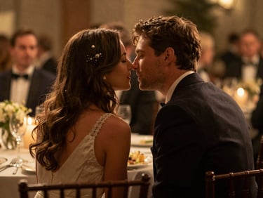 Cinematic candid shot of two people sharing a quiet whisper at a dimly lit reception, warm golden ambient light, grain