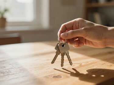 Close-up of a hand holding a set of new house keys on a warm wooden table, sunlight streaming in, soft focus on background, shallow depth of field.