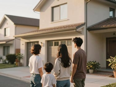 A young family looking at a beautiful, naturally lit home from the street, soft earth tones, warm residential architecture, shallow depth of field.