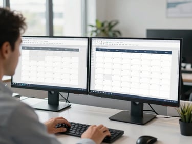 Over-the-shoulder shot of a focused professional managing complex calendar schedules on dual monitors in a bright, modern corporate office with daylight-balanced lighting.
