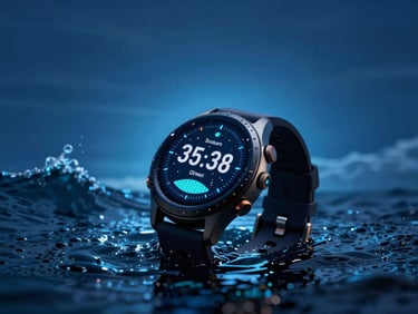 Macro shot of a high-tech digital smartwatch displaying swell telemetry, water droplets on the screen, deep ocean blue background, dramatic backlighting