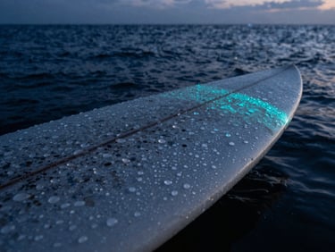Macro detail shot of water droplets on a sleek surfboard rail, high-contrast dawn light casting long shadows, deep blue ocean background, sharp focus, 35mm.