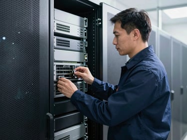 Skilled veteran technician working on a server rack in a data center, sharp natural daylight, deep navy and slate tones, high contrast, professional editorial style.