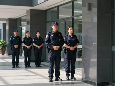Professional security personnel conducting a patrol in a corporate office lobby, sharp natural daylight, deep navy and slate tones, high contrast, professional editorial style.
