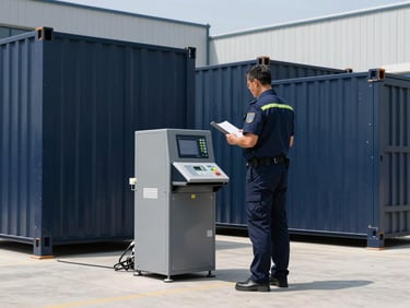 Wide shot of a modern logistics facility with a veteran in professional uniform overseeing automated systems, crisp natural daylight, deep navy and slate tones, high contrast, professional editorial style.