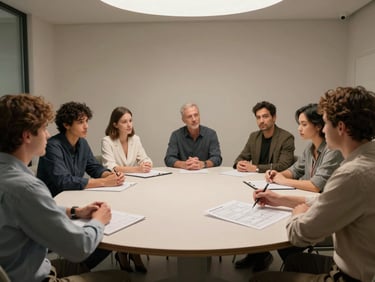 Environmental wide shot of a small group seated around a round table in a modern neutral-toned meeting room, one person gesturing toward a printed framework sheet, diffused overhead studio light, no posed faces