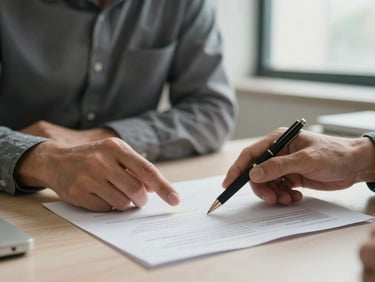 Close-up of two professionals reviewing a strategic document side by side at a clean desk, one pointing to a section with a pen, diffused natural window light from the right, warm gray tones, no faces visible