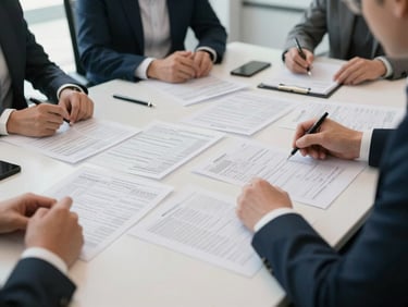 Wide-angle view of a conference table mid-discussion, close-up of hands pointing at printed financial spreadsheets and tax documents, flat office daylight from a window on the left, no posed expressions, papers and pens scattered naturally across the table surface