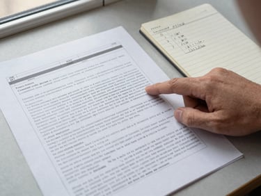 Overhead documentary shot of a work surface with a printed ISO control framework spread open, a hand pointing at a specific clause, a ruled notepad with written annotations beside it, clear even natural light from a nearby window, no people's faces visible