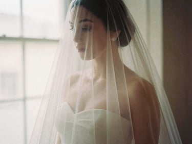 Romantic editorial photography, soft diffused window light, close-up of a bride in a classic, flowing cathedral veil, tulle sculpted drape, muted cream and dusty rose tones, shallow depth of field, 35mm film.