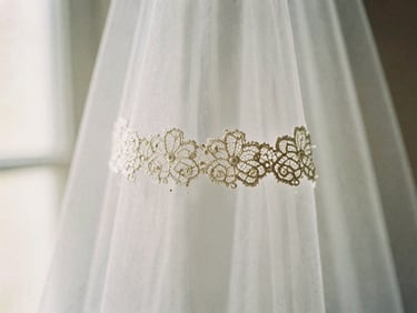 Macro close-up of delicate lace trim on a veil, beads catching soft light, shallow depth of field, romantic editorial photography
