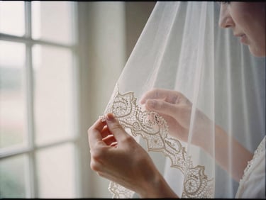 Romantic editorial photography, soft diffused window light, hands gently shaping a classic chapel veil, hand-basted lace detail, muted cream and dusty rose tones, shallow depth of field, 35mm film.