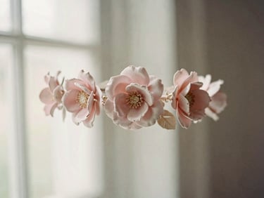 Romantic editorial photography, soft diffused window light, hand-sculpted silk floral bridal hair accent, soft focus background, muted cream and dusty rose tones, shallow depth of field, 35mm film.