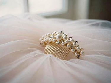 An elegant bridal hair comb with pearl and crystal details, resting on soft tulle, romantic editorial photography