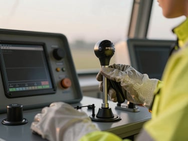 Close-up of crane control cabin levers under morning golden hour light, hands of a professional operator in protective gloves, high-vis vest visible.