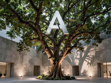 A corporate brand launch venue featuring a massive structural installation of mature trees and architectural spot lighting casting dramatic shadows on concrete walls