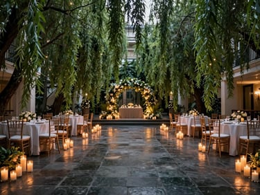 A grand wedding venue transformed by an overhead canopy of weeping green branches and warm, low-key candle glow reflecting on dark stone floors, wide environmental shot