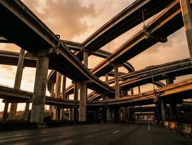 Low-angle wide shot of a massive concrete highway flyover under dramatic golden-hour sunlight, strong geometric shadows, monumental scale, 35mm film grain.