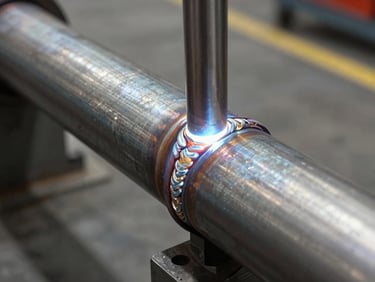 Close-up of a precision weld seam on a structural steel pipe, natural overcast light, visible heat discoloration around the bead, industrial workshop floor faintly visible behind