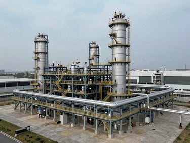 Aerial establishing shot of an industrial plant with concrete foundations and steel pipe networks installed and operational, overcast natural light, no people, wide environmental frame