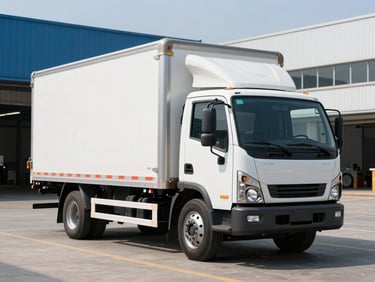 A medium duty box truck with clean metal body parked in an industrial zone, bright natural daylight, high-contrast industrial tones, sharp focus, 35mm lens