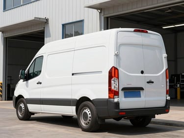 A clean white blind van with orange accents parked in front of a modern warehouse, bright natural daylight, high-contrast industrial tones, sharp focus, 35mm lens