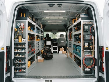 Wide shot of a neatly organized service van interior with clean modern HVAC tools and diagnostic equipment, bright neutral daylight, crisp details, 35mm