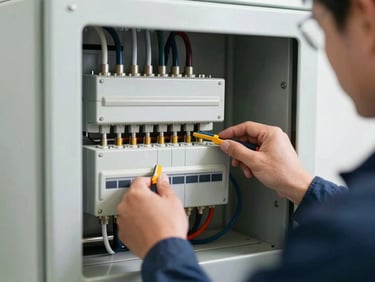 Close-up of a technician working on an electrical control panel of a modern furnace, clean tools, high-key utility lighting, sharp focus, 35mm