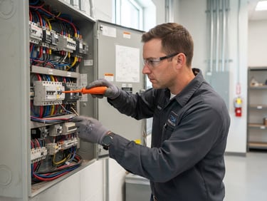 Medium close-up of a technician in a dark gray uniform adjusting an electrical panel with orange insulated tools under clean daylight, 35mm
