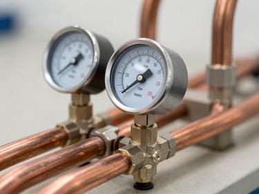 Close-up of a digital manifold gauge connected to copper refrigerant lines, sharp focus on technical dials, neutral daylight, 35mm