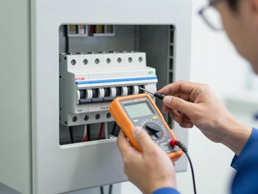 Close-up of a licensed technician testing a modern circuit breaker panel with a digital multimeter, clean workspace, bright neutral daylight