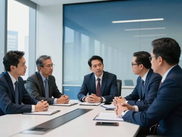 Crisp corporate photography, modern Jakarta boardroom, professional Indonesian executives in serious strategic discussion, cool office daylight, deep blue tones, sharp focus, 35mm