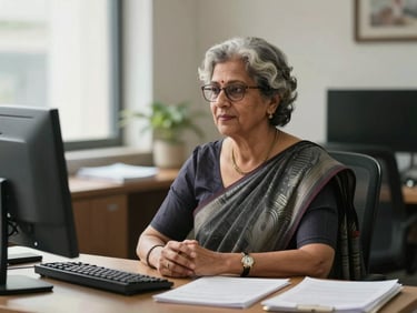 A senior academic nursing administrator in a professional saree, sitting at an office desk with reference books, bright daylight, respectful atmosphere.