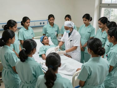A wide shot of nursing students in clean uniforms gathered around a hospital bed during active clinical postings in a Ranchi medical ward, with an experienced instructor demonstrating patient care.