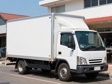 Bright commercial photography of a clean refrigerated delivery truck parked outside a local grocery store in Sri Lanka, sunny daylight, sharp focus, 35mm
