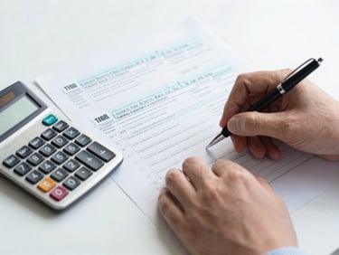 Close-up of hands working on tax forms with a calculator and pen, bright natural daylight, clean corporate blue and grey tones, sharp focus, 35mm
