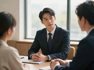 Warm editorial medium shot of an attorney consulting with a family in a sunlit conference room, focus on expressions of relief, shallow depth of field