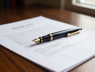 Warm editorial close-up of a fountain pen resting on signed legal documents on a dark wooden desk, soft side-lighting, 35mm