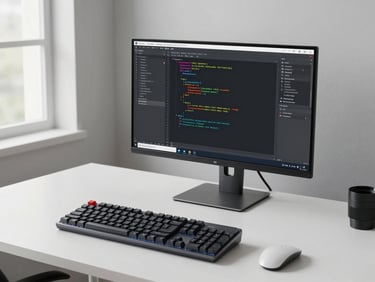 Wide environmental shot of a minimal desk workspace — a mechanical keyboard, a monitor showing a code editor with payment routing logic, flat even daylight from a window off-frame left, no person visible, no decorations, only the tools of systematic work