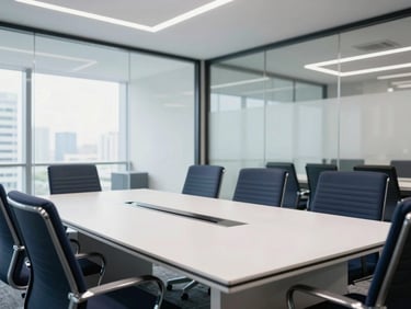 A bright corporate boardroom in Davao City with glass walls, structured layout, clean daylight, navy and white tones, sharp focus, 35mm lens.