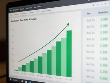 Real-time attribution dashboard showing upward trendlines, green conversion metrics, and blurred revenue data columns