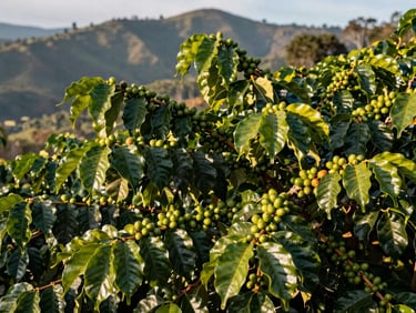 Cultivo de café verde en las montañas de Estelí, hojas brillantes bajo la luz del amanecer, enfoque nítido en las ramas cargadas de frutos.