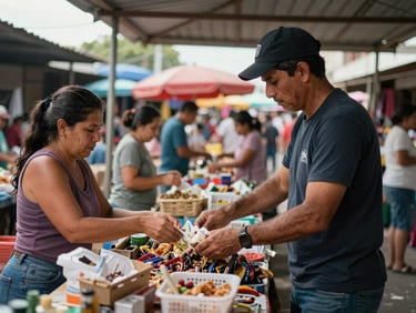 Comerciante local acomodando mercadería en un tramo del mercado de Estelí, ambiente dinámico y trato directo con el cliente bajo luz natural.